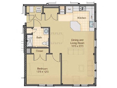 Floor plan for 1 bed, 1 bath, 836 sqft